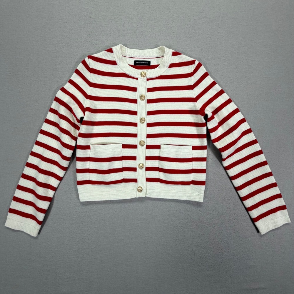 Striped Red and White Crewneck Cardigan Sweater